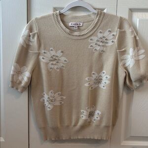 Nanette Lepore Cream Sweater with Floral Rhinestones